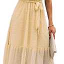 BTFBM Women Summer Bohemian Floral Casual Wrap V Neck Ruffle Cap Sleeveless Belt A-Line Pleated Hem Midi Sun Dress White, L
