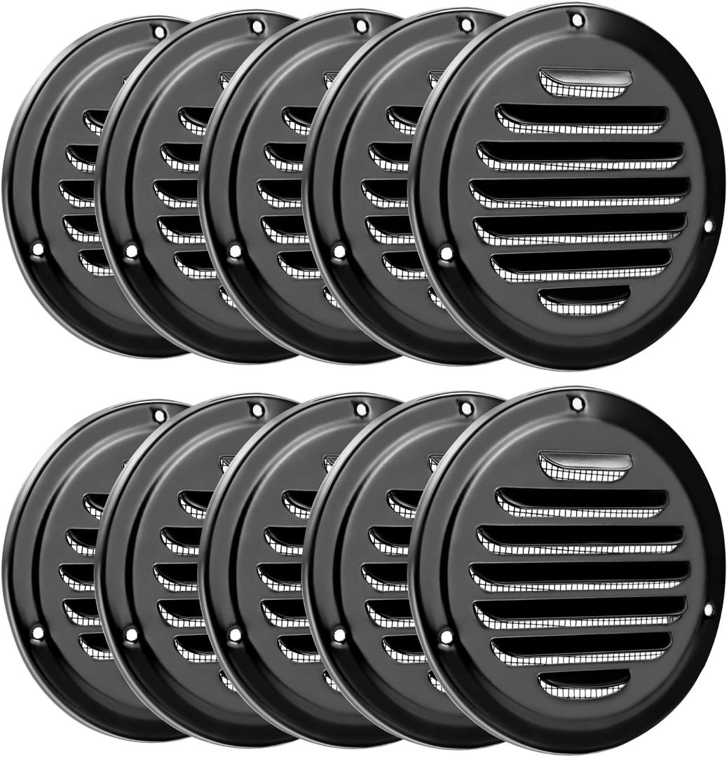 QWORK 4" Black Soffit Vent Cover with Screen Mesh, 10 Pack Round Metal Air Vent Louver, 5-11/16" Diameter Grill Cover, Round HVAC Vents