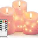 Homemory Flameless Candles with String Lights, 3 Pack Embedded Fairy String Lights LED Candles, Electric Flickering Candles with Remote Control and Timer, Real Wax, Pink