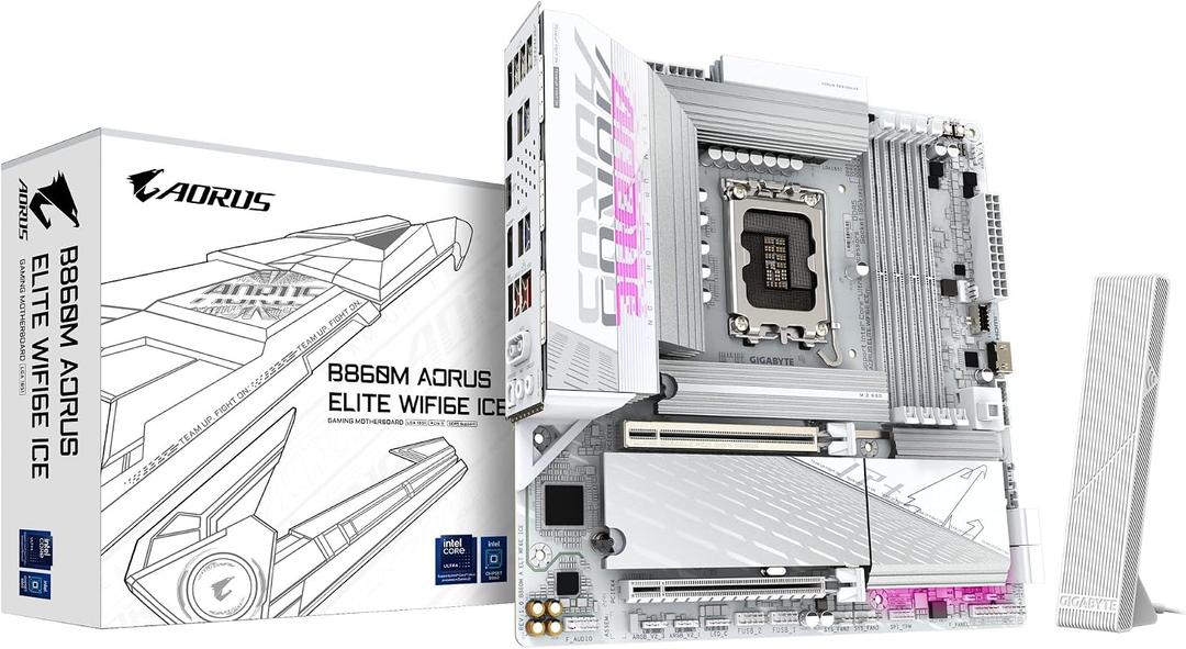 GIGABYTE B86OM AORUS Elite WIFI6E ICE Intel Core Ultra (Series 2) LGA 1851 Motherboard, mATX, DDR5, 3X M.2, PCle 5.0, USB-C, WIFI6E, 2.5GbE LAN, EZ Latch