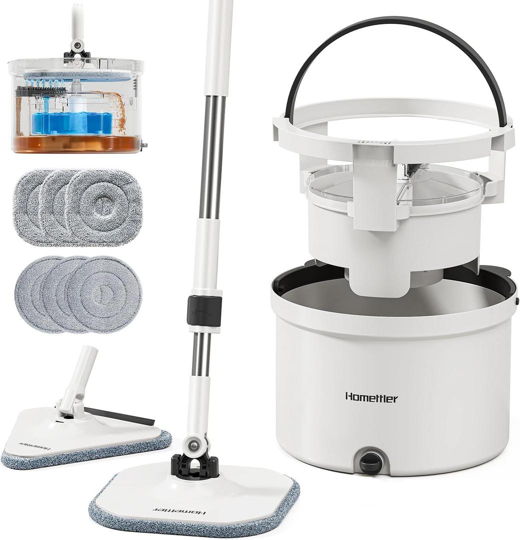 HoMettler Mop and Bucket Set, Spin Mop and Detachable Inner Mop Bucket with Separate Dirty/Clean Water System, Self-Wringing Square Mops for Floor/Wall Cleaning with 6 Microfiber Pads