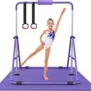 Gymnastic Bars for Kids with Adjustable Height, Folding Gymnastic Training Kip Bar, Junior Expandable Horizontal Monkey Bar for Home (Purple with Mat)