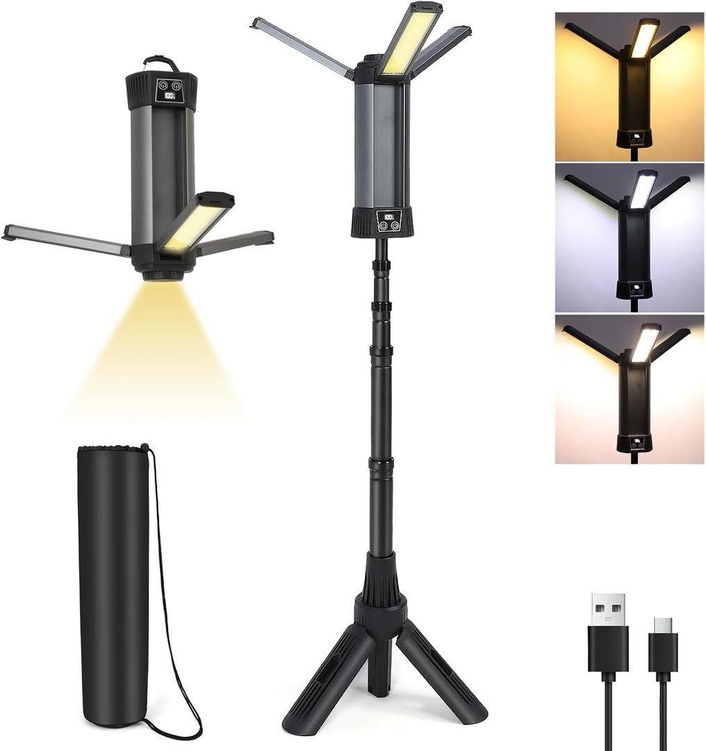 Rechargeable LED Work Light with Stand, 2000LM 3000/6000K Dimmable Cordless Work Light with 5 Lighting Modes and 3 Brightness, Portable Solar Job Site Lighting Kit