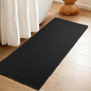 Luxury Waffle Bath Mat, Super Absorbent Non Slip Bathroom Rugs, Boho Ultra Soft Comfort Machine Washable Quick Dry Floor Mats with Tassels (Black, 24" x 72")