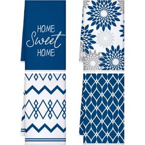 Kajaia 4 Pcs Summer Boho Kitchen Towels 16 x 24 Inch Vintage Towels Modern Geometric Tea Hand Dishcloths Decorative Absorbent Dishcloths for Home Bathroom Gift(Dark Blue,Flower)