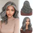 14 Inch Middle Part Wavy Wig for Women, Natural Hairline Small Lace Front, Soft Yaki Mixed Fiber, Heat Resistant Synthetic Curly Wig, Grey Salt and Pepper Short Wavy Wig