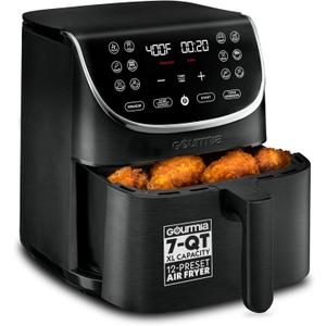 Gourmia Air Fryer - 7 Qt Large Capacity with LED Display, 12 One-Touch Presets, FryForce 360° Technology, Nonstick Dishwasher-Safe Basket & Crisper Tray, Black