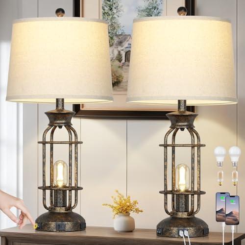 28" Vintage Table Lamps for Living Room, Industrial Farmhouse Table Lamp with USB C+A Ports & Outlet, Rustic Nightstand Bedside Lamps with 2 Night Light for Bedroom End Tables Bronze, 4 Bulbs Included