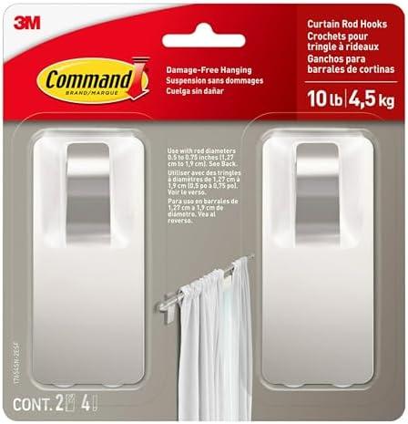 Command 10 lb Satin Nickel Curtain Rod Hooks, 2 Hooks and 4 Command Strips, Damage Free Curtain Rods Hangers with Adhesive, No Drilling Home and Room Decor