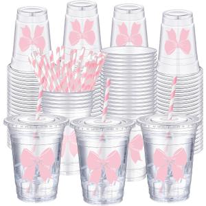 Sliner 50 Pcs 16 oz Coquette Pink Bow Disposable Plastic Cups with Straw for Party Supplies Pink Bow Cup Birthday Wedding Bridal Engagement Drinkware for Christmas Baby Shower Birthday Party Decor
