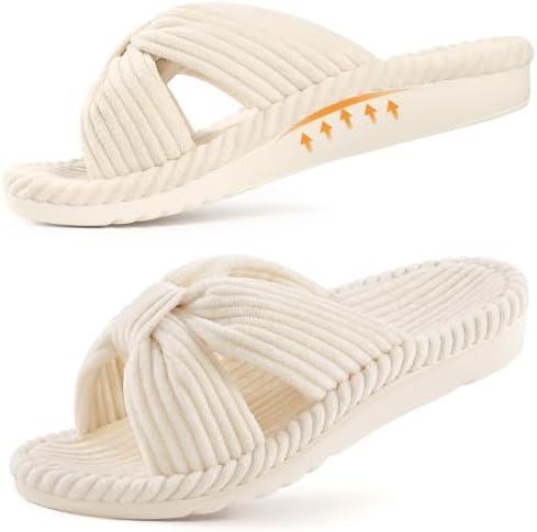 Litfun Orthopedic Arch Support Slippers for Women Comfortable Open Toe Indoor House Slippers Corduroy Cross Bow Bedroom Shoes for Plantar Fasciitis 36