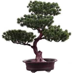 Artificial Bonsai Pine Tree, 11Inch Faux Potted Plant Desk Display Fake Tree Pot Ornaments, Japanese Cedar Bonsai Plant for Home, Office Decoration (Dark Green)