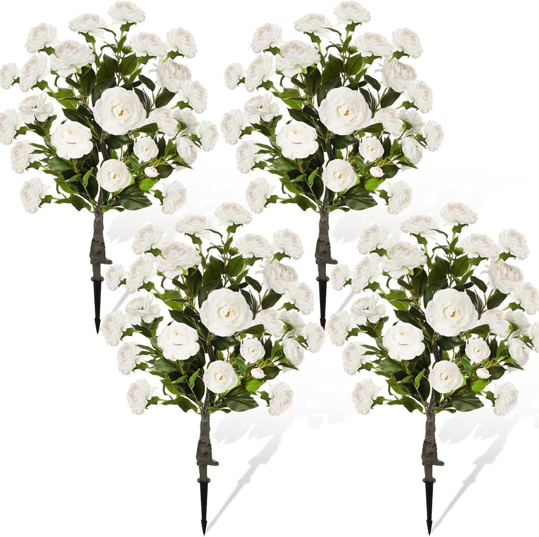 Lunmon 4 Pack 36" Artificial Camellia Flower Tree 3ft Outdoor Fake Flower Plant with Spike UV Resistant Faux Floral Blooming Bush for Front Door Porch Garden Indoor Patio Decor(White)