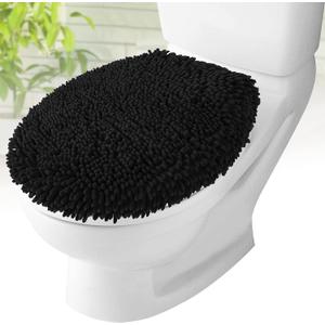 MAYSHINE Toilet Lid Cover - Black, Plush Microfiber Oval Toilet Seat Covers for Bathroom, Machine Washable Elongated Toilet Cover Seat, Stretches up to 21"x19"