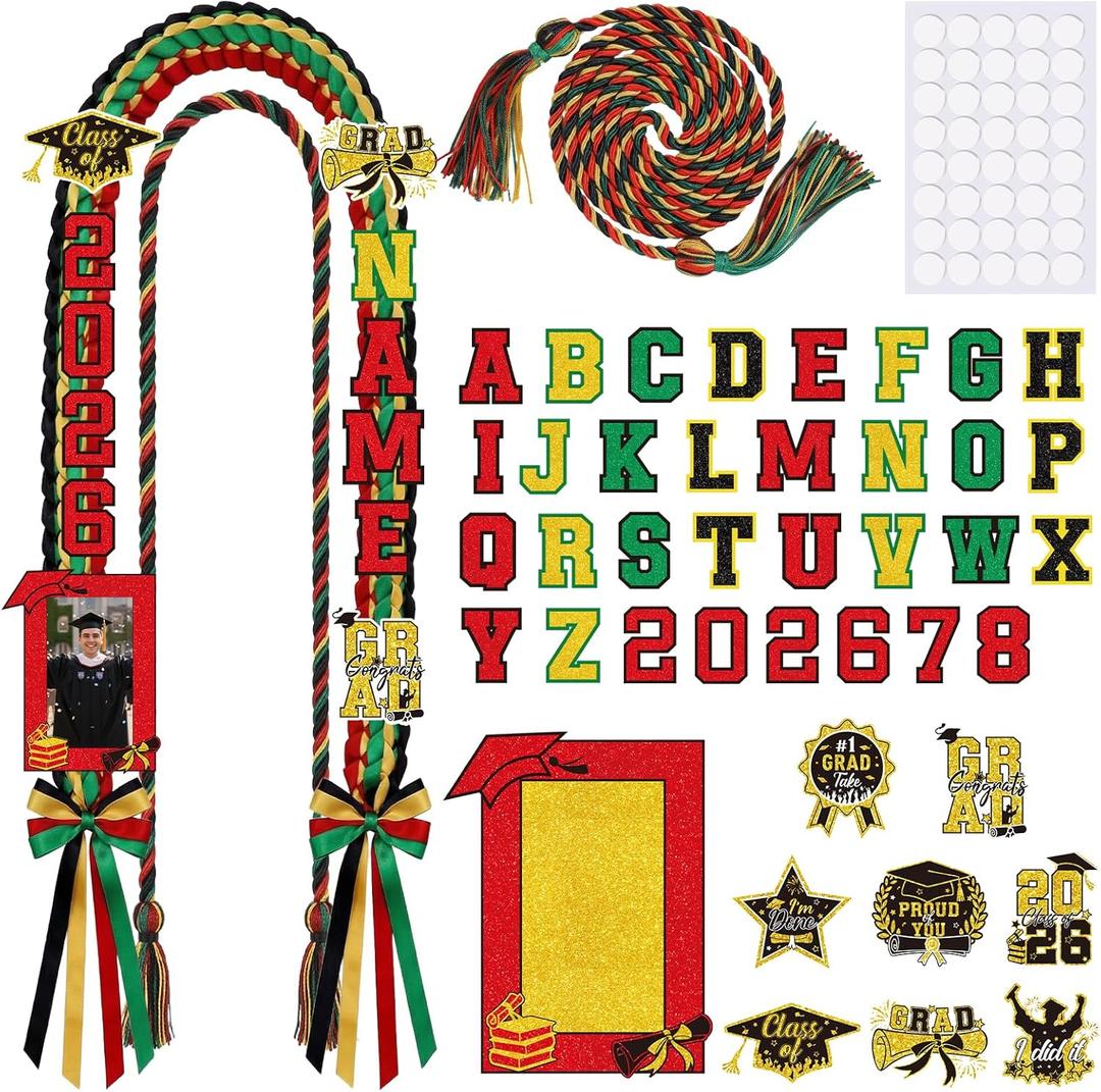 Hamdwerk African Kente Graduation Leis Stole Sash 2026, 69Pcs Black Women Girl Graduation Ribbon Leis Making Kits with Photo Frame Honor Cord, DIY Braided Necklace Decorations Congrats Grad Gifts