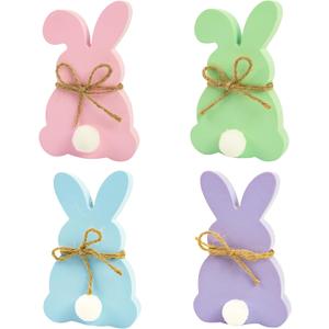 Easter Bunny Decorations, 4 PCS Double Sided Wooden Bunny Sign Spring Easter Table Decorations for Home Office Tiered Tray Tabletop Shelf Mantel Dining Room Decor