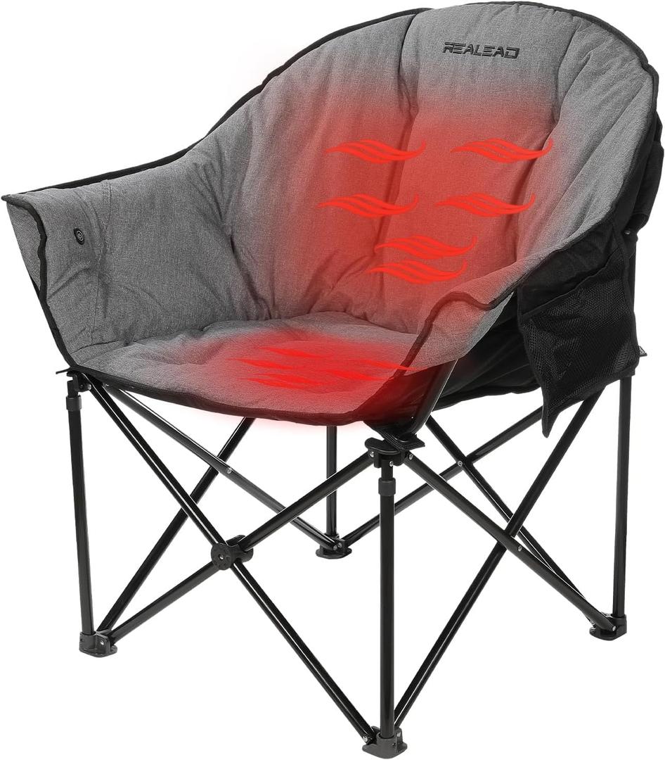 REALEAD Oversized Heated Camping Chair | Fully Thick Padded | Heated Chairs for Outdoor Sports with Back and Seat Heating | Heated Folding Chair for Adults | Support 400lbs | Battery NOT Included
