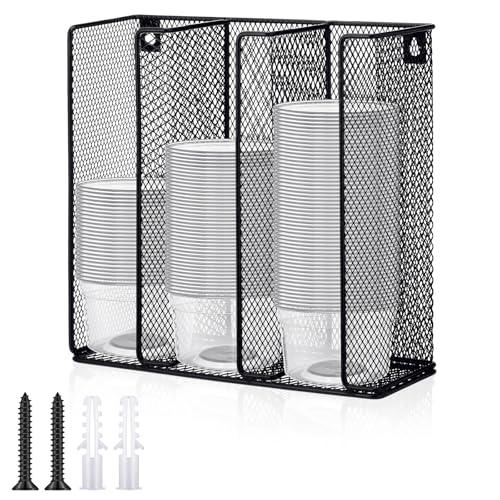 Honeydak Metal Cup and Lid Holder Wall Mount Portion Sauce Lid Organizer Holder 3 Compartments Fits 2 to 5.5 oz Cup Dispenser Storage for Kitchen Counter Restaurant Coffee Bar Stations, Black