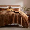 LEAONME Velvet Quilt King Size 98''x106'', Lightweight Caramel Velvet Comforter Set with 2 Matching Shams, Soft Cross Stitch Bedspread Coverlet Bedding Set for All Season