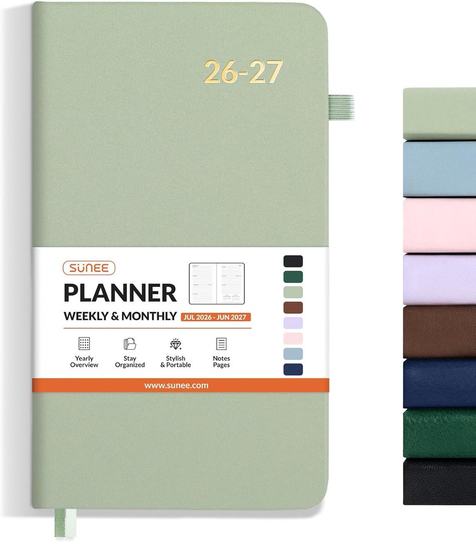 SUNEE 2026-2027 Pocket Weekly Planner for Purse 3.5" x 6" - 12 Month (July 2026 - June 2027) Academic Year Calendar, Pocket Size Planner, Hardcover, Note, 100 GSM Paper, Sage Green