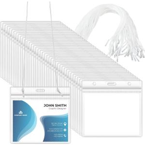 Eaasty 200 Pack Name Badge Holders Neck Tag Holder Lanyard with String 3 x 4 Inches Clear Name Tag Lanyard Style Badges with Labels Waterproof for Meeting Seminar Show Event and Conference