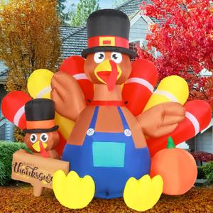 7.5FT Long Thanksgiving Inflatable Turkey Decoration Giant Blow Up Turkey Inflatables Outdoor Yard Decorations with Built-in LED Light Happy Fall Family Holiday Indoor Outside Lawn Decor