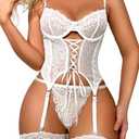 RSLOVE Sexy Lingerie Sets for Women Exotic Teddy with Garter Belt 2 Peice Lace Strappy Bodysuit Babydoll S