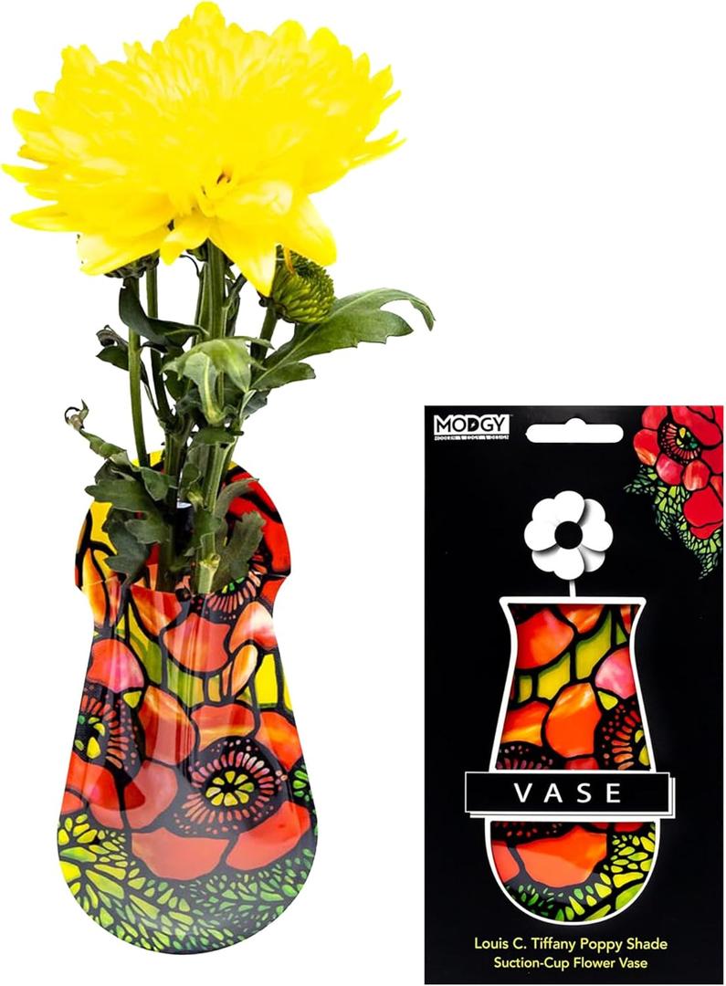 MODGY Expandable Flower Vase Plastic Decorative Modern Vases for Flowers Kitchen Window Decor Living Room Bathroom Office, W/Suction Cup, Louis C. Tiffany Poppies, 7.5 x 4