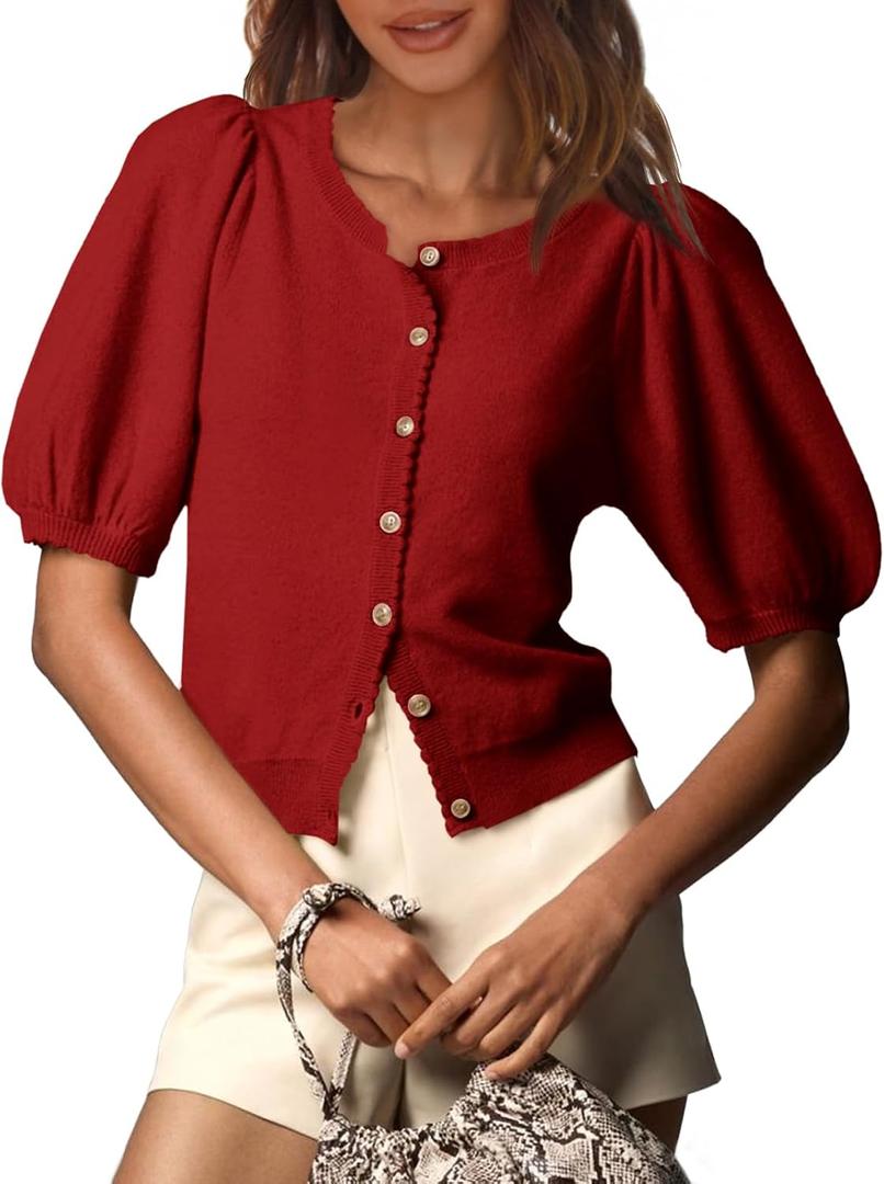 Saodimallsu Womens Puff Short Sleeve Cardigan Lightweight Summer Button Down Shirts Knit Crew Neck Sweater Tops M