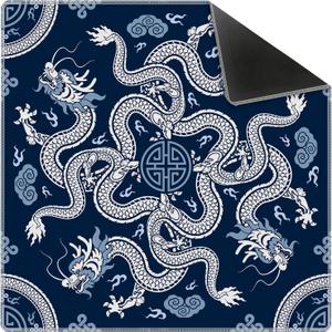 Blue Chinese Dragon Mahjong Mat 31.5" x 31.5", Vintage Oriental Chinoiserie Non-Slip Noise Reduction Mahjong Table Cover Accessories Supplies for Dominoes Poker Card Board and Tile Games Gifts