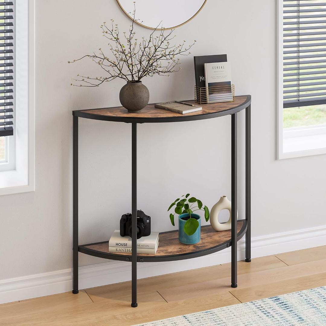 Entryway Table with Storage,Narrow Console Table for Living Room Coffee Table 2-Tier Half Moon Sofa Table,Small Entry Table,Hallway Side Table with Metal Frame,Rustic Brown and Black, 35.4"D x 11.8"W x 32.2"H