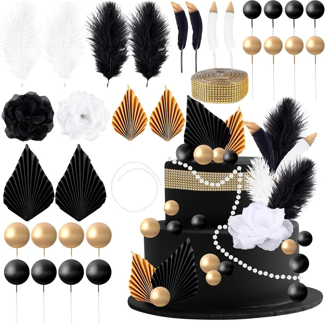 32 Pcs Black and Gold Cake Decorations with with Balls Cake Picks Pearl Feathers Black White Roses and Palm Leaves for Birthday Party Baby Shower Wedding DIY Cake Decoration Cupcake Topper