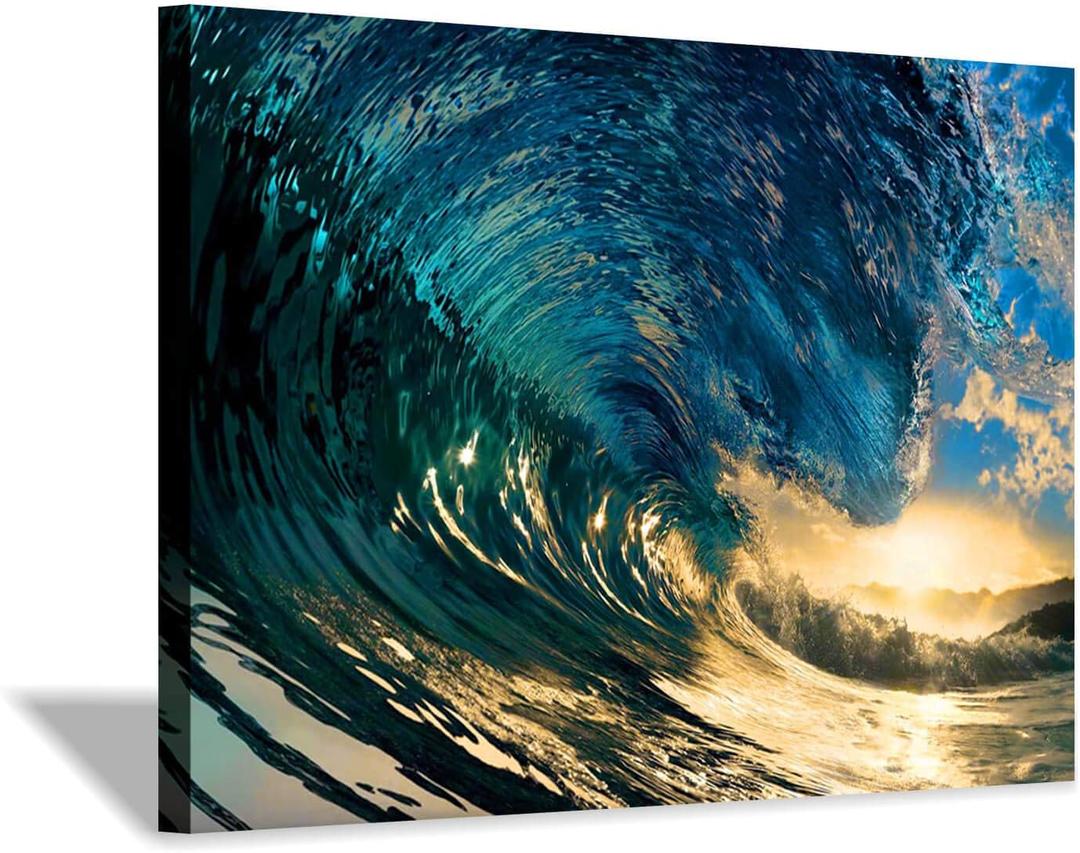 Hardy Gallery Ocean Wave Sunset Wall Art: Stunning Water Seascape Artwork Painting Print on Canvas for Bathroom 12"x16"