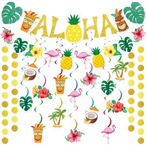 Pre-Strung Hawaiian Aloha Party Banner Decorations, Large Luau Tiki Tropical Party Decorations for Summer Beach Birthday Party Supplies
