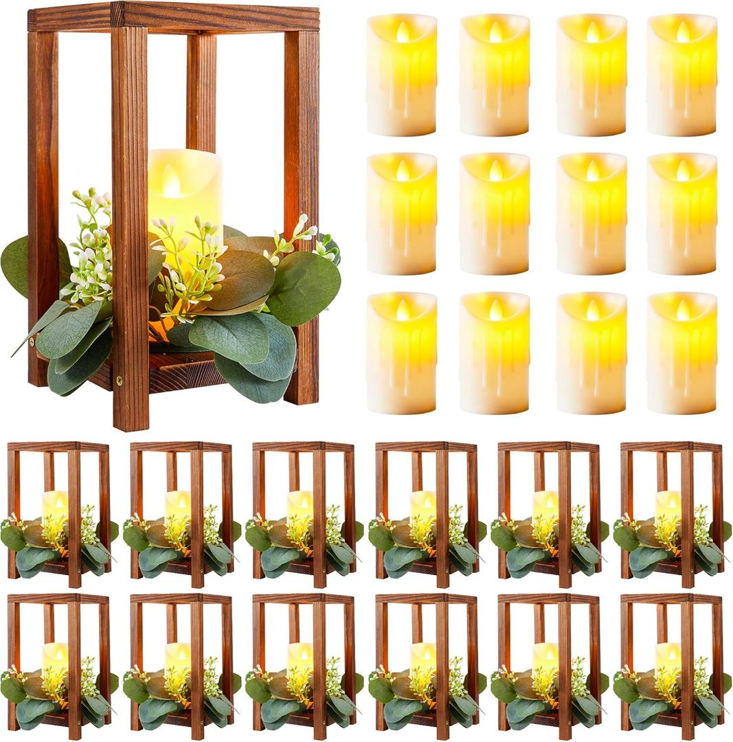 12 Pcs/6 Set Wooden Wedding Lantern Centerpiece Include 6 Lantern Candle Holder 6 Flameless LED Candle for Rustic Wedding Table Party Baby Shower Farmhouse Decor(No Wreathes)