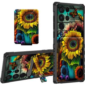 For Samsung Galaxy S22 Ultra Case Wallet Case with Credit Card Holder & Kickstand Dual Layer Hard PC Soft TPU Shock Proof Protective Cover for Samsung S22 Ultra 6.8 inch - Sunflower Butterfly