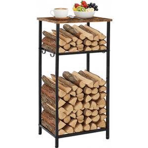 Firewood Rack Indoor 32.3 Inch 2-tier Firewood Holder Indoor Outdoor Coffee Table with 4 Hook Adjustable Feet Pads Functional Vertical Wood Storage Log Rack for Fireplace Deck Outdoor Stove Accessory