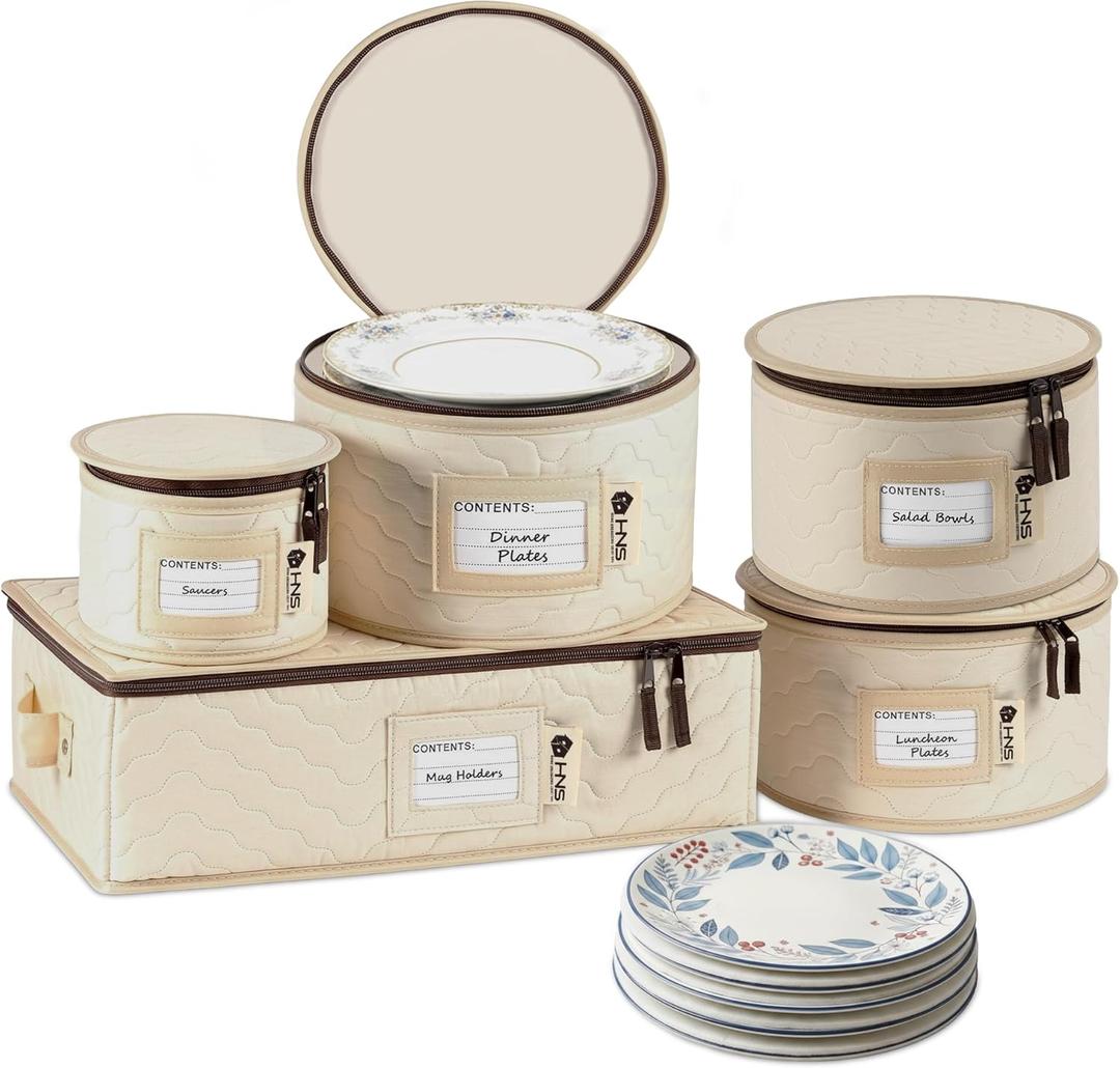 China Storage Hard Shell Containers 5-Piece Set Moving Boxes for Dinnerware, Glasses, Plates, Mugs and Saucers Sturdy Dish Organizer with Dividers for Seasonal Storage - Service for 12 - Beige Quilted