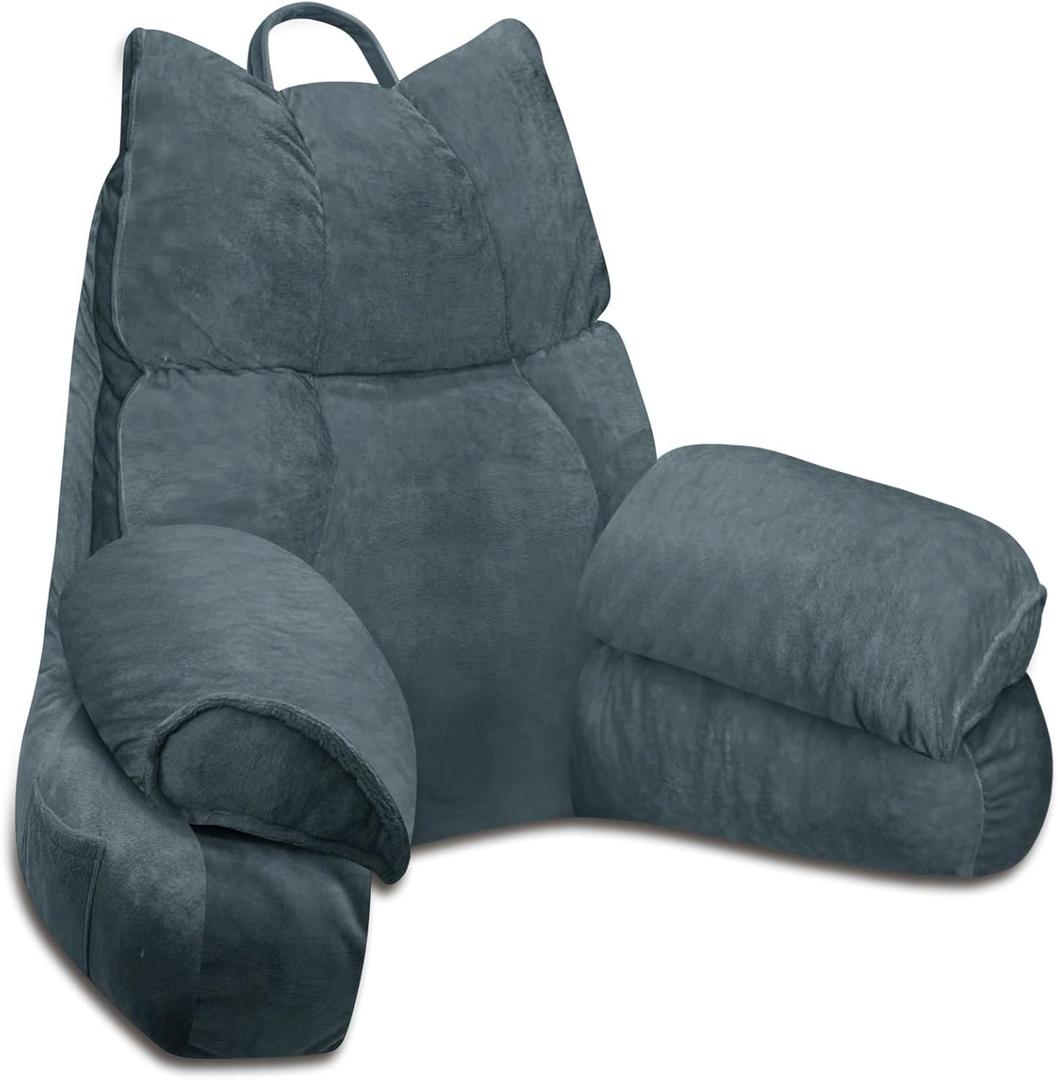 RRPAHWTV Reading Pillow for Bed with High Arm Rests ,Back Support Pillow for Sitting Up in Bed with Shredded Memory Foam for Reading, TV, Gaming or Relaxing on FloorCharcoal Gray, Large (Large-For heights over5'3"-Weight6.83 lbs)