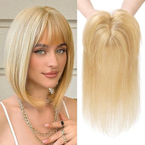 REECHO Real Human Hair Toppers for Women, 10 Inch with Bangs, Golden Blonde
