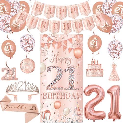 Trgowaul Rose Gold 21st Birthday Decorations for Her, 21st Banner Backdrop, Sash and Crown, Balloons Hanging Swirls Kit, Pink 21 Number Balloons, 21 Year Old Birthday Set for Women