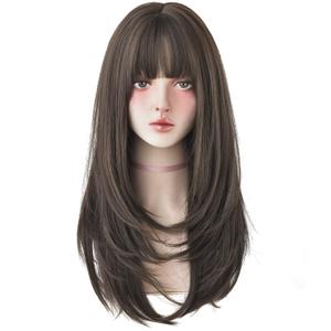 7JHH WIGS Hair Dye Wig for Women Synthetic Hair Natural Long Straight Wig With Bangs (22inch, Cold Brown)