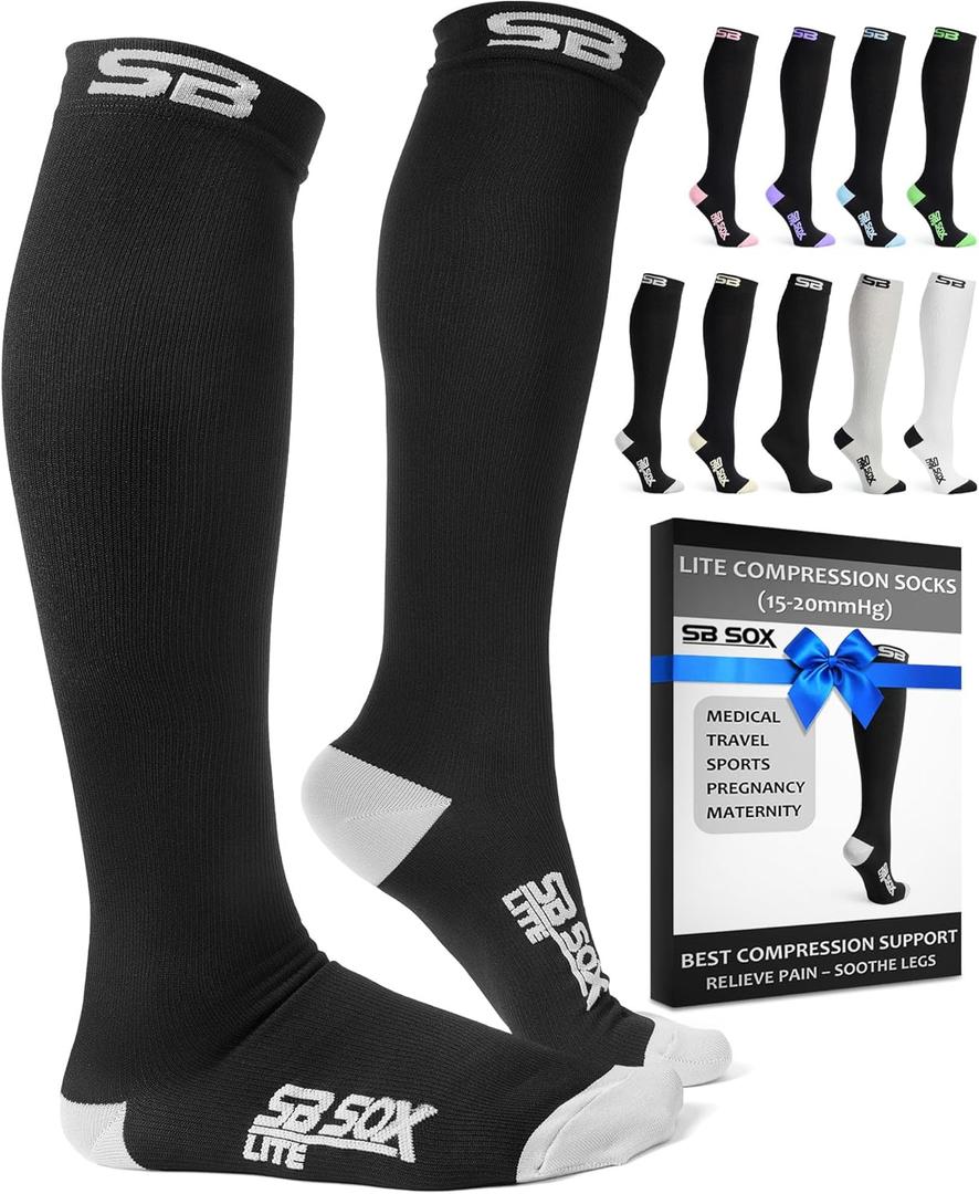SB SOX Lite Compression Socks for Men & Women (15-20mmHg)  Best Compression Socks for Travel, Sports, and Daily Wear - XXL Sizes too! (Black/Gray)