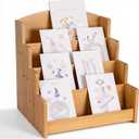 Homevany Bamboo Greeting Card Display Stand Holder - 4-Tier Sticker Organizer Rack, Trading Card Holder Retail Photos Shelf for Vendors Craft Collection & Show