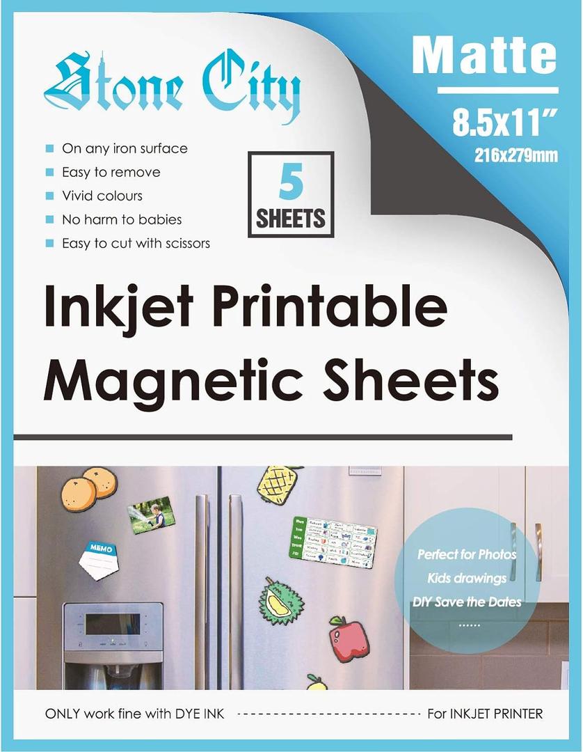 Stone City Printable Magnetic Sheets 8.5x11 Inch, 5 Sheets Matte Magnet Paper Sheet for Inkjet Printer, Flexible Magnetic Printer Paper for Fridge, DIY Crafts