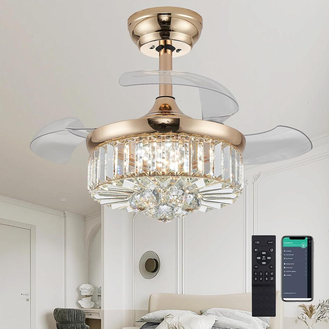 DuMaiWay 30" Golden Chandelier Ceiling Fan with Light Crystal Modern Fandelier Reversible Ceiling Fan Dimmable Retractable Timer for Dining Living Room Bedroom