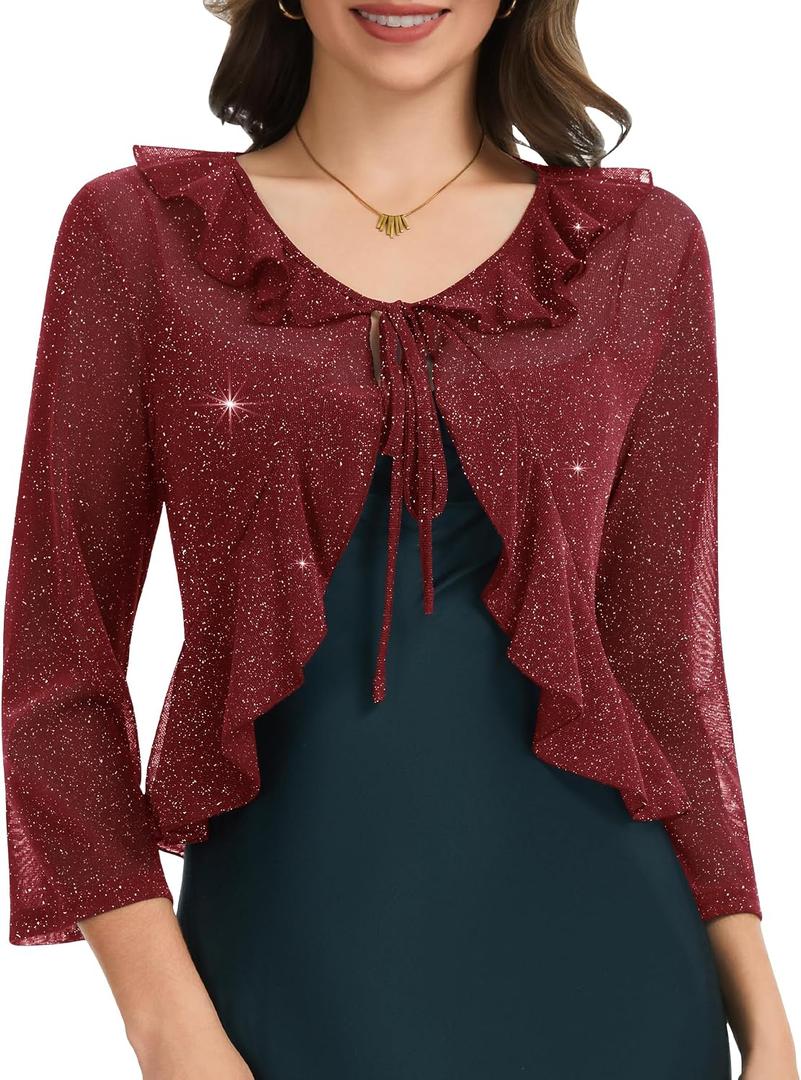 Women's Shrug Sheer Tie Front 3/4 Sleeve Bolero Shrugs Sparkly Lightweight Cropped Cardigan Cover Up for Evening Dress
