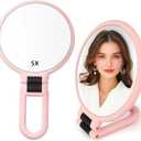 1X 5X Handheld Mirror with Handle for Travel Magnifying Mirror, Magnification, Rotation Adjustable Handle, Double Sided Folding, Mirror for Women for Eyes Makeup Travel Table Desk Shaving (Pink)