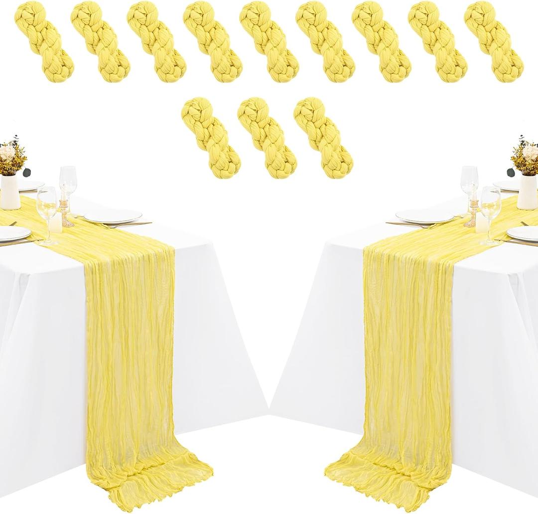12 Pack Light Yellow Cheesecloth Table Runner 35x120 Inch 10Ft Gauze Cheese Cloth Table Runner, Boho Rustic Wedding Table Runner for Wedding Bridal Shower Graduation Banquet Table Decorations