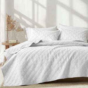 inron Quilt Set Queen Size, White Microfiber Ultrasonic Full Bedspreads, Lightweight Breathable Coverlet, Modern Geometric Pattern Thin Bedding Set for All Season (1 Quilt, 2 Pillow Shams)